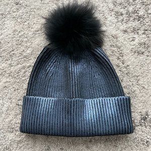 OCELYN Faux Fur Pom Metallic Blue Ombré Knit Hat